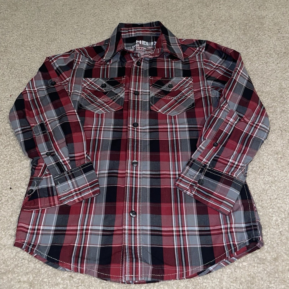 Helix Boys Small Red Black Plaid Long Sleeve Western Button Down Shirt Pocket